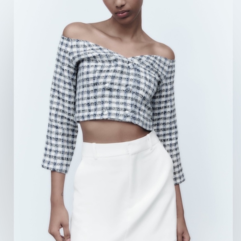 NWOT Zara plaid tweed off shoulder crop top